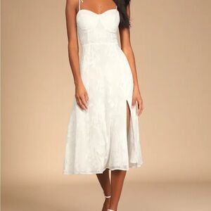 Lulus Loveliest Looks White Floral Jacquard Tie-Strap Midi Dress Medium